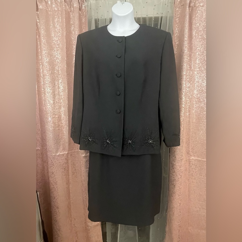Executive Collection 2 Piece Skirt Suit | Gray Lined & Beaded | Plus Size 24W